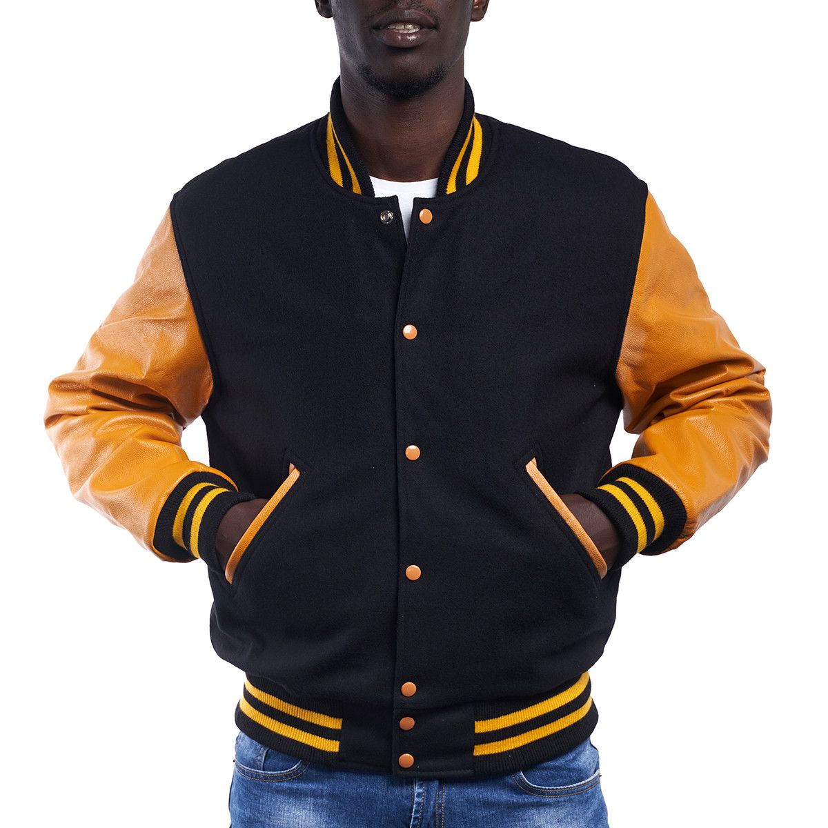 Black Wool Body & Bright Gold Leather Sleeves Letterman Jacket